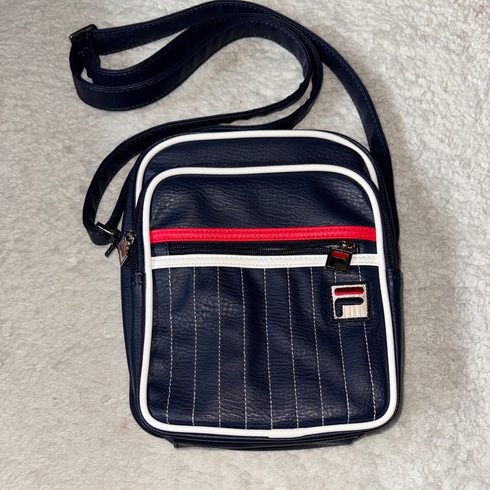 BNWT UO Fila Leather Dark Blue Messenger Bag with Red and White Details